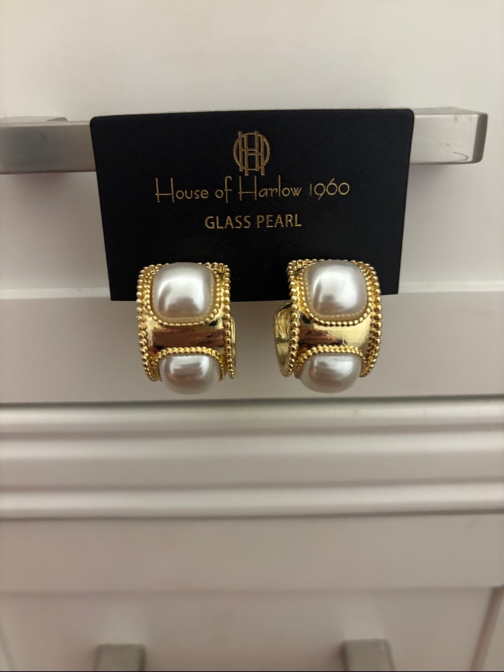 House of Harlow 1960 Gold Tone Hoop Earrings with Glass Pearl Accents